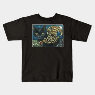 The Black Cat With Golden Wings - White Outlined Version Kids T-Shirt